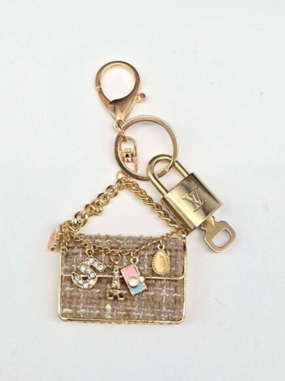 Authentic Louis Vuitton Padlock & Key Gold ✨Unbranded Tweed Bag Charm Keychain - Picture 3 of 10